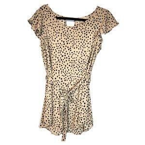 Full Moon Maternity Tan Black Polka Dot Tunic‎ Keyhole Back Tie Waist Size Small